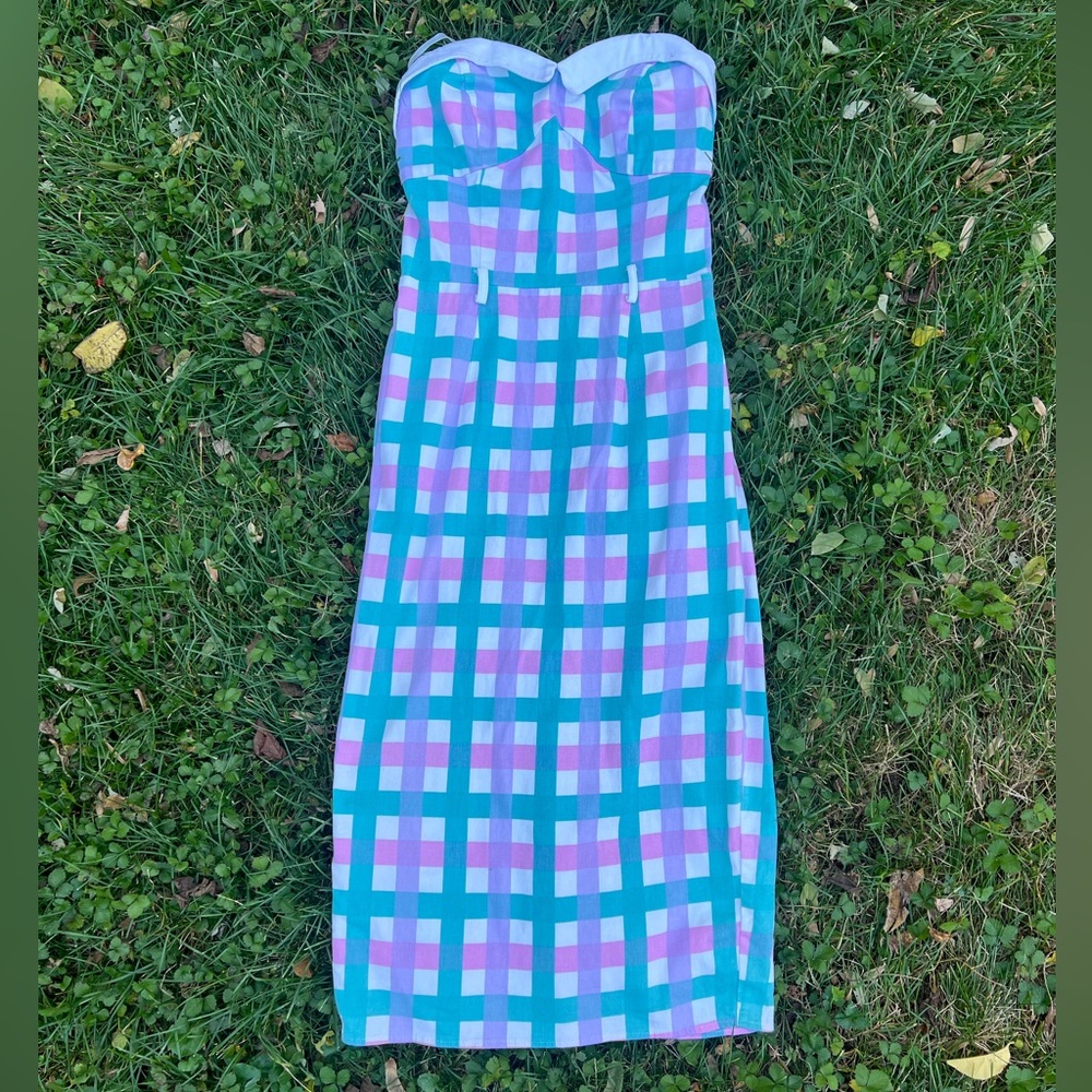 Collectif Pastel Plaid Strapless Dress candy stripe